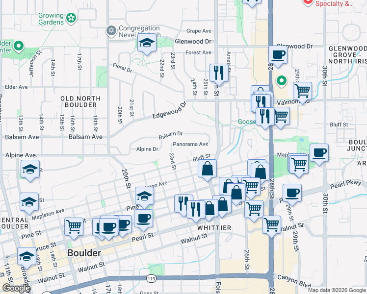 map of restaurants, bars, coffee shops, grocery stores, and more near 2370 Panorama Avenue in Boulder