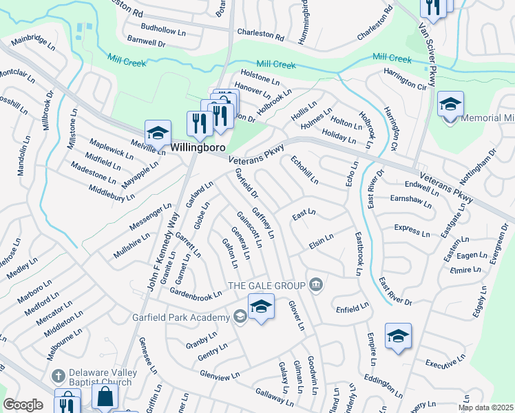 map of restaurants, bars, coffee shops, grocery stores, and more near 66 Gaffney Lane in Willingboro