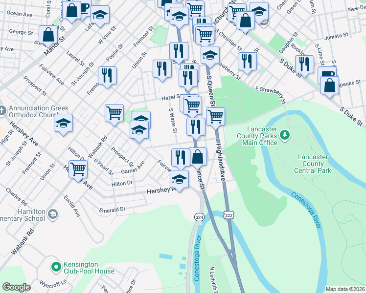 map of restaurants, bars, coffee shops, grocery stores, and more near 122 Seymour Street in Lancaster