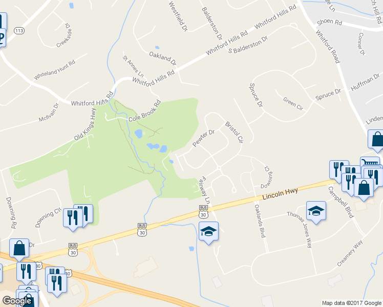 map of restaurants, bars, coffee shops, grocery stores, and more near 590 Pewter Drive in Exton