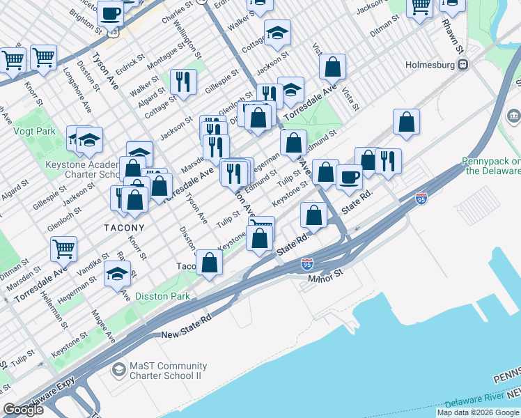 map of restaurants, bars, coffee shops, grocery stores, and more near 7118 Keystone Street in Philadelphia