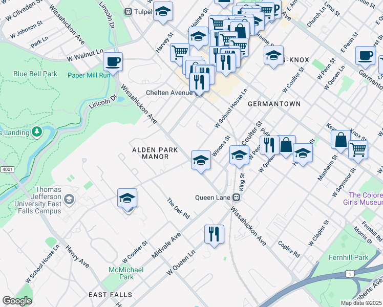 map of restaurants, bars, coffee shops, grocery stores, and more near 465 West School House Lane in Philadelphia