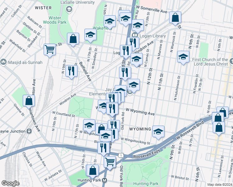 map of restaurants, bars, coffee shops, grocery stores, and more near 4750 North Broad Street in Philadelphia