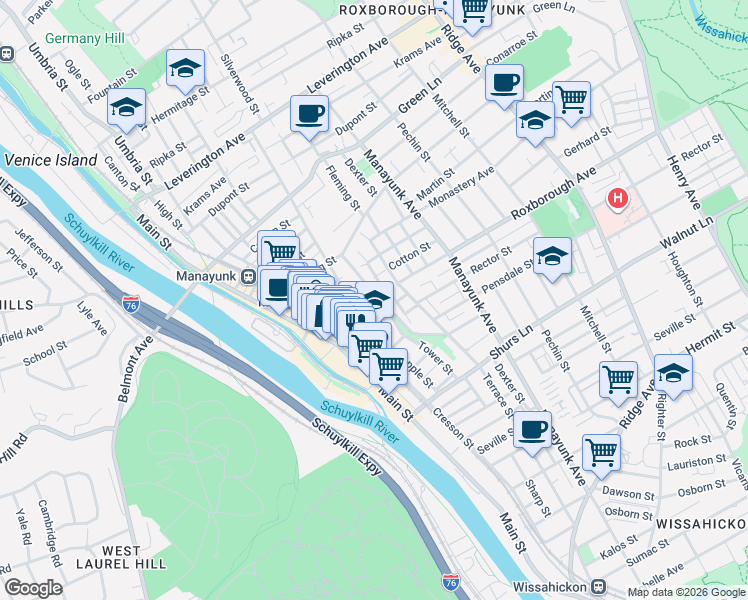 map of restaurants, bars, coffee shops, grocery stores, and more near 163 Roxborough Avenue in Philadelphia