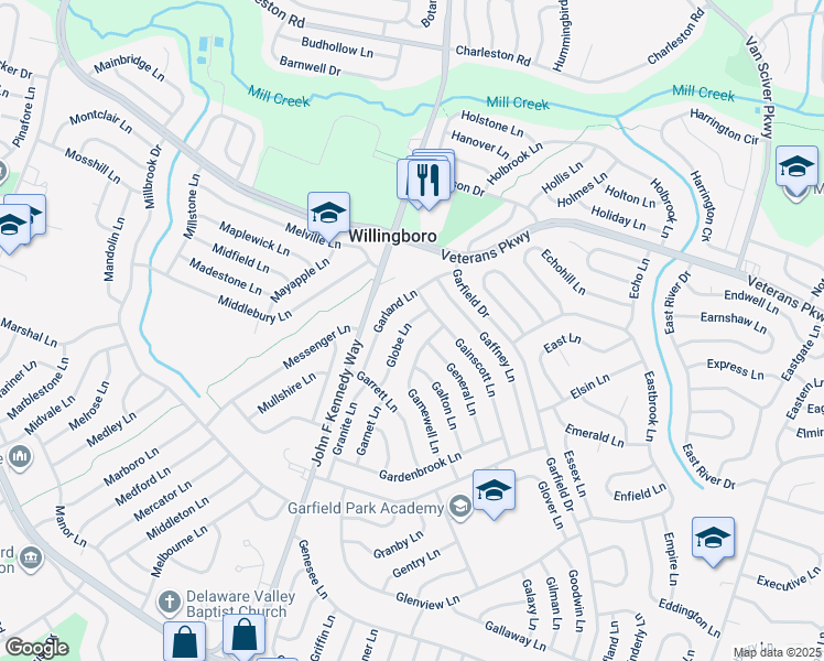map of restaurants, bars, coffee shops, grocery stores, and more near 36 Globe Lane in Willingboro