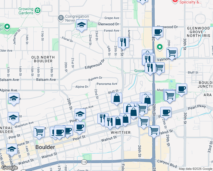 map of restaurants, bars, coffee shops, grocery stores, and more near 2370 Panorama Avenue in Boulder