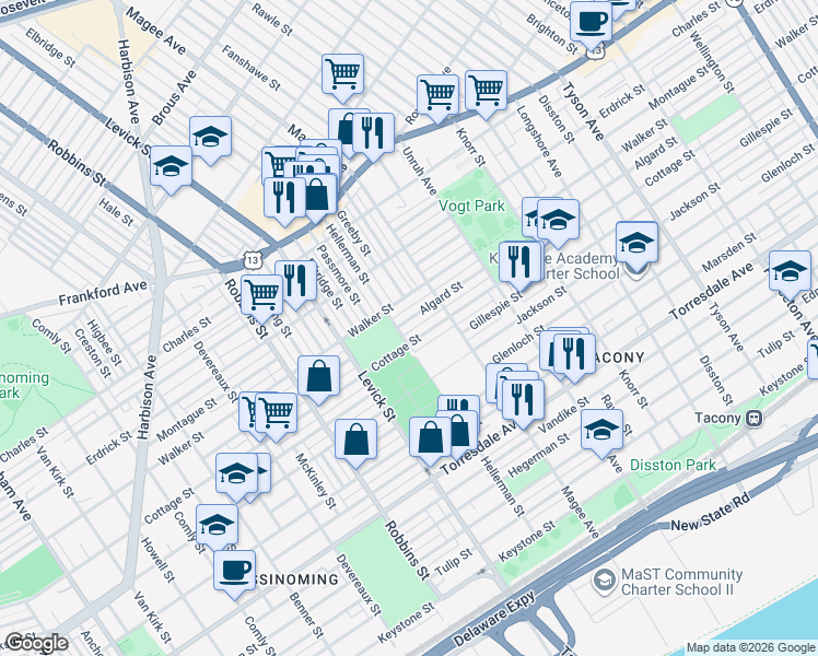 map of restaurants, bars, coffee shops, grocery stores, and more near 6512 Cottage Street in Philadelphia