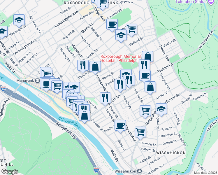 map of restaurants, bars, coffee shops, grocery stores, and more near 4124 Lauriston Street in Philadelphia