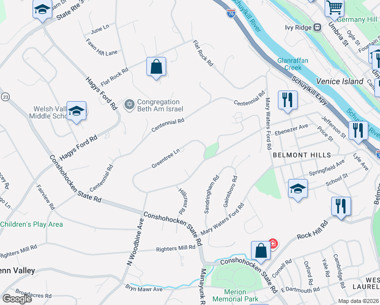 map of restaurants, bars, coffee shops, grocery stores, and more near 1229 Greentree Lane in Penn Valley