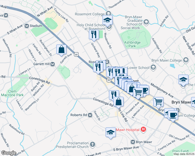 map of restaurants, bars, coffee shops, grocery stores, and more near 1250 Lancaster Avenue in Bryn Mawr