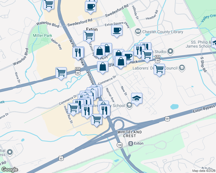 map of restaurants, bars, coffee shops, grocery stores, and more near 207 Walsh Road in Exton