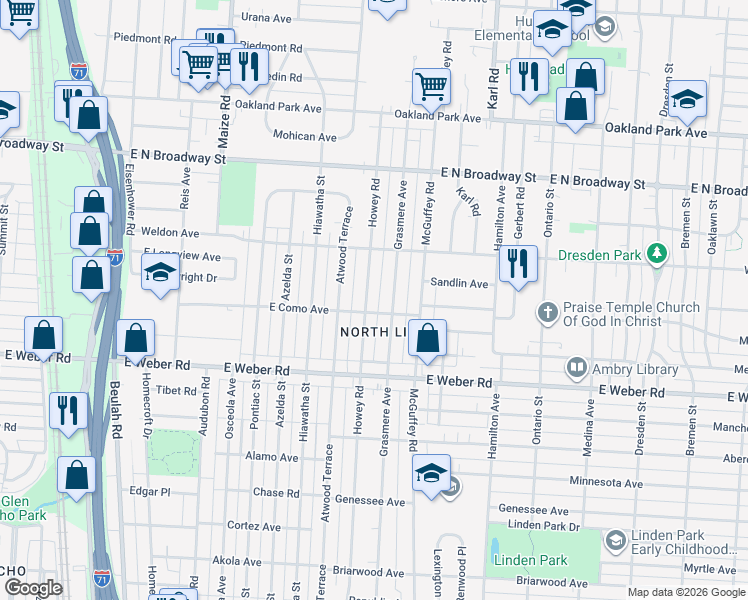 map of restaurants, bars, coffee shops, grocery stores, and more near 2960 Howey Road in Columbus