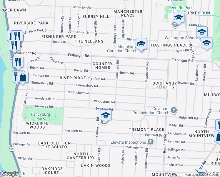 map of restaurants, bars, coffee shops, grocery stores, and more near 2345 Shrewsbury Road in Columbus