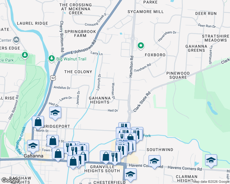 map of restaurants, bars, coffee shops, grocery stores, and more near 330 Worman Drive in Columbus