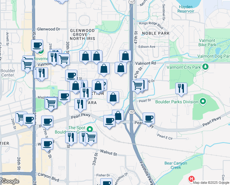 map of restaurants, bars, coffee shops, grocery stores, and more near 2820 Wilderness Place in Boulder