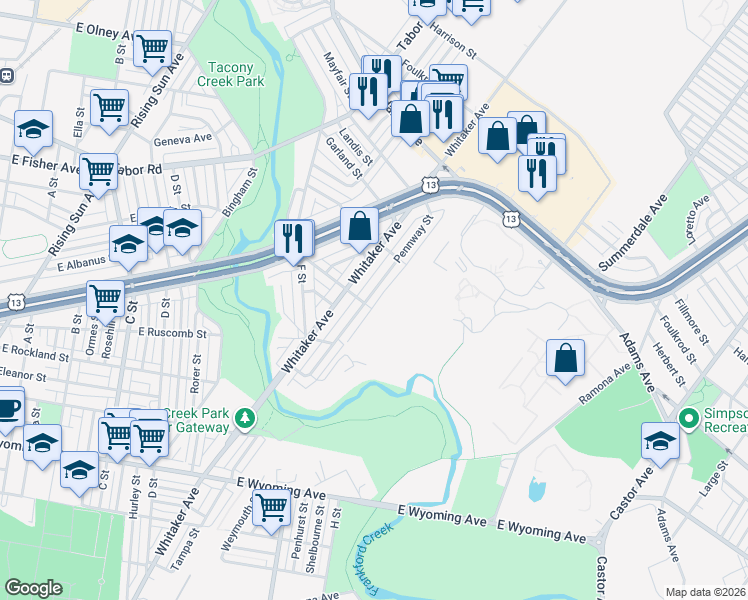 map of restaurants, bars, coffee shops, grocery stores, and more near 5113 Pennway Street in Philadelphia