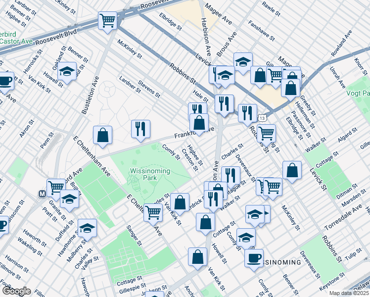 map of restaurants, bars, coffee shops, grocery stores, and more near 4009 Creston Street in Philadelphia