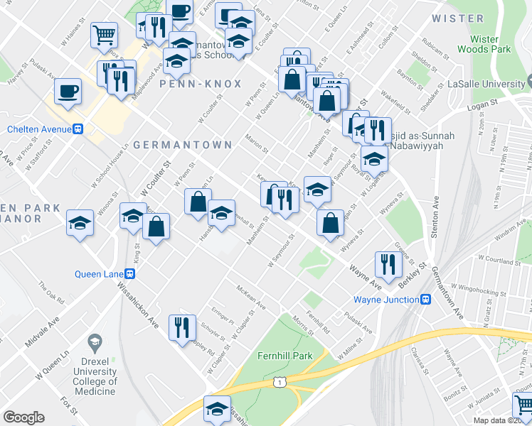 map of restaurants, bars, coffee shops, grocery stores, and more near 5102 Wayne Avenue in Philadelphia