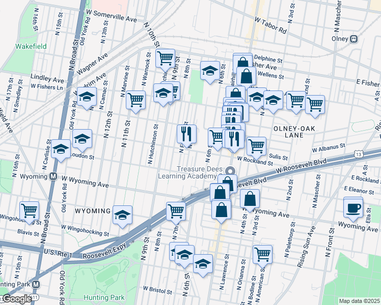 map of restaurants, bars, coffee shops, grocery stores, and more near 4881 North 7th Street in Philadelphia