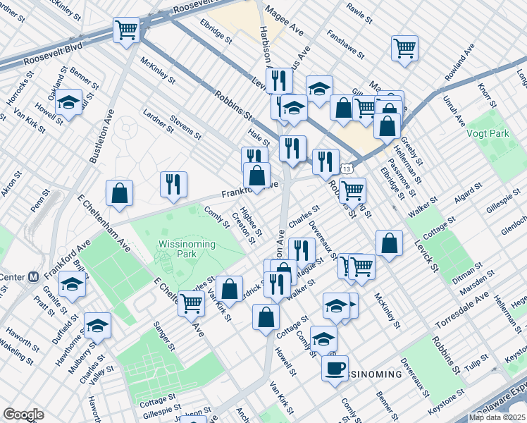 map of restaurants, bars, coffee shops, grocery stores, and more near 6105 Hawthorne Street in Philadelphia