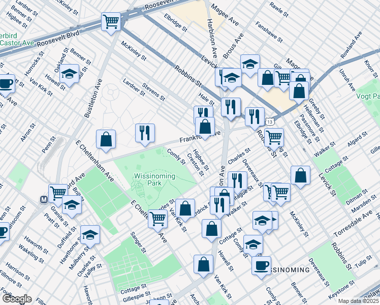 map of restaurants, bars, coffee shops, grocery stores, and more near 4009 Creston Street in Philadelphia