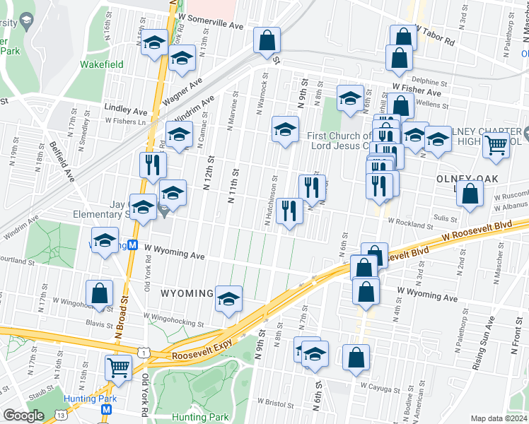 map of restaurants, bars, coffee shops, grocery stores, and more near 4840 North Hutchinson Street in Philadelphia