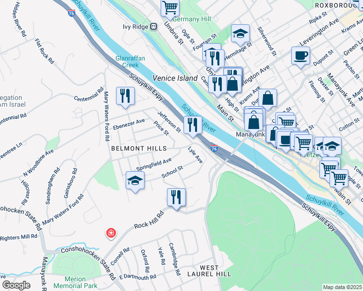map of restaurants, bars, coffee shops, grocery stores, and more near 97 Ashland Avenue in Bala Cynwyd