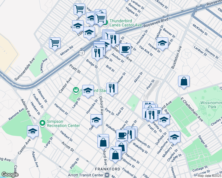 map of restaurants, bars, coffee shops, grocery stores, and more near 5220 Sylvester Street in Philadelphia