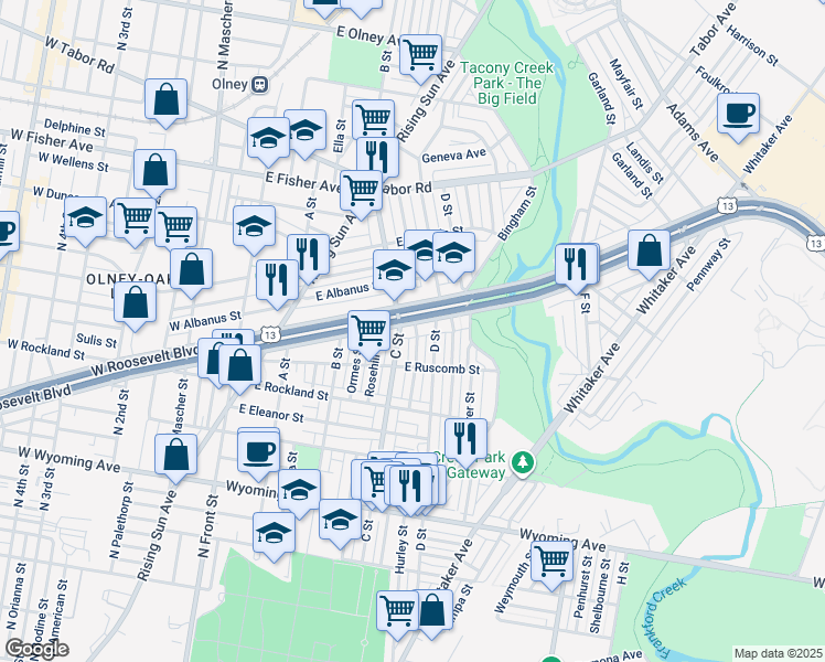 map of restaurants, bars, coffee shops, grocery stores, and more near 408 East Roosevelt Boulevard in Philadelphia