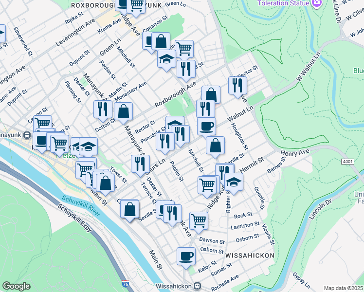 map of restaurants, bars, coffee shops, grocery stores, and more near 448 Shurs Lane in Philadelphia