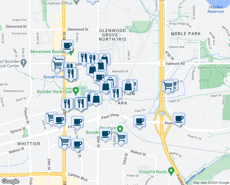 map of restaurants, bars, coffee shops, grocery stores, and more near 3200 Carbon Place in Boulder