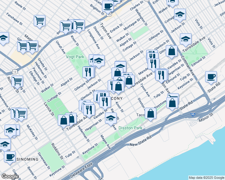 map of restaurants, bars, coffee shops, grocery stores, and more near 6806 Marsden Street in Philadelphia