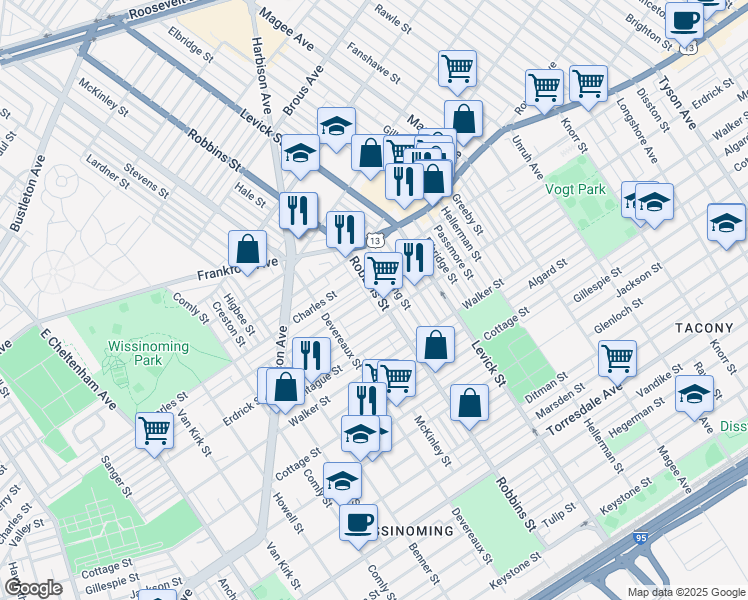 map of restaurants, bars, coffee shops, grocery stores, and more near 4143 Robbins Street in Philadelphia