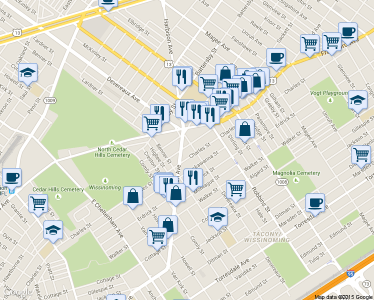 map of restaurants, bars, coffee shops, grocery stores, and more near 6160 Charles Street in Philadelphia