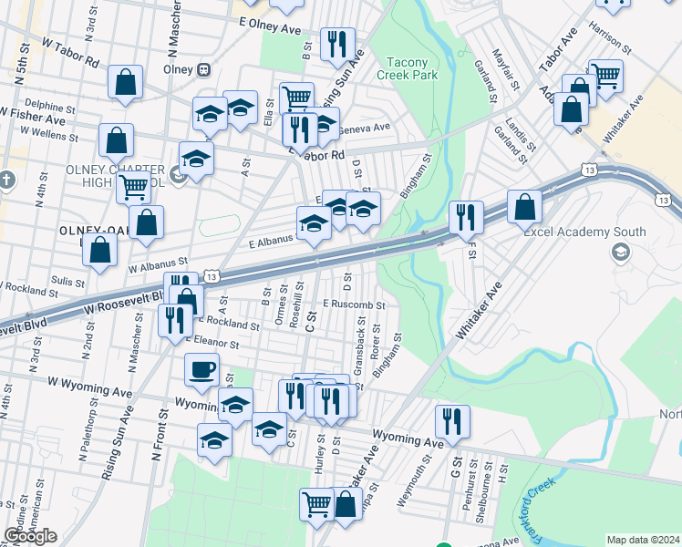 map of restaurants, bars, coffee shops, grocery stores, and more near 5043 D Street in Philadelphia