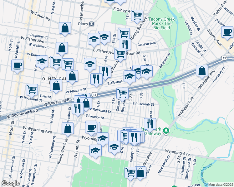map of restaurants, bars, coffee shops, grocery stores, and more near 324 East Roosevelt Boulevard in Philadelphia