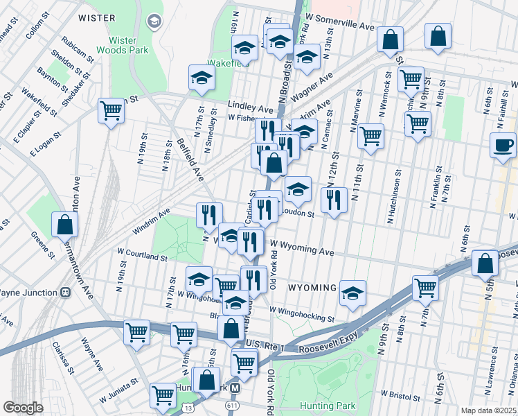 map of restaurants, bars, coffee shops, grocery stores, and more near 1430 West Loudon Street in Philadelphia