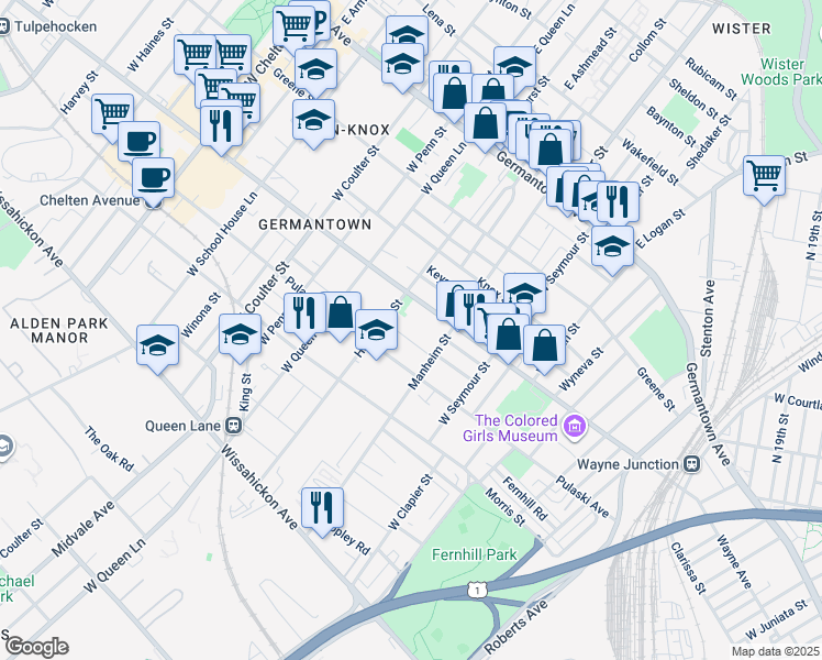 map of restaurants, bars, coffee shops, grocery stores, and more near 5129 Newhall Street in Philadelphia