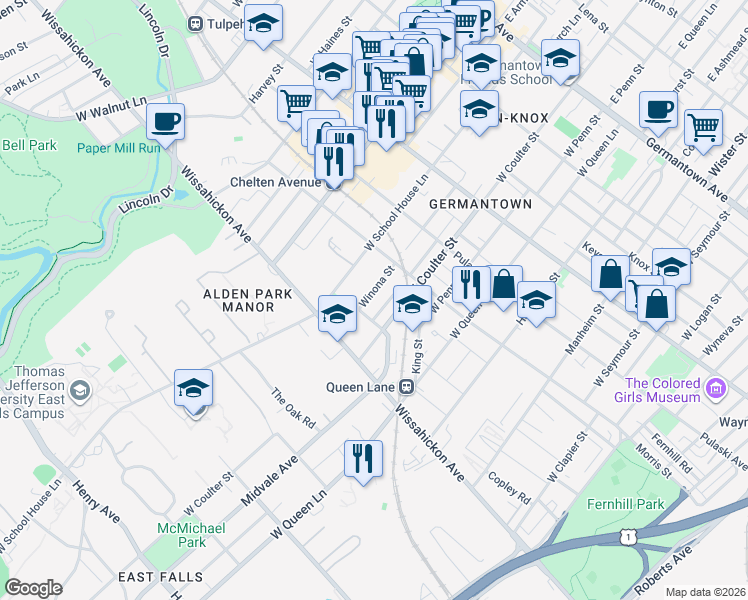 map of restaurants, bars, coffee shops, grocery stores, and more near 438 Earlham Terrace in Philadelphia