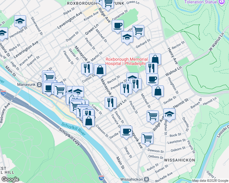 map of restaurants, bars, coffee shops, grocery stores, and more near 4124 Lauriston Street in Philadelphia