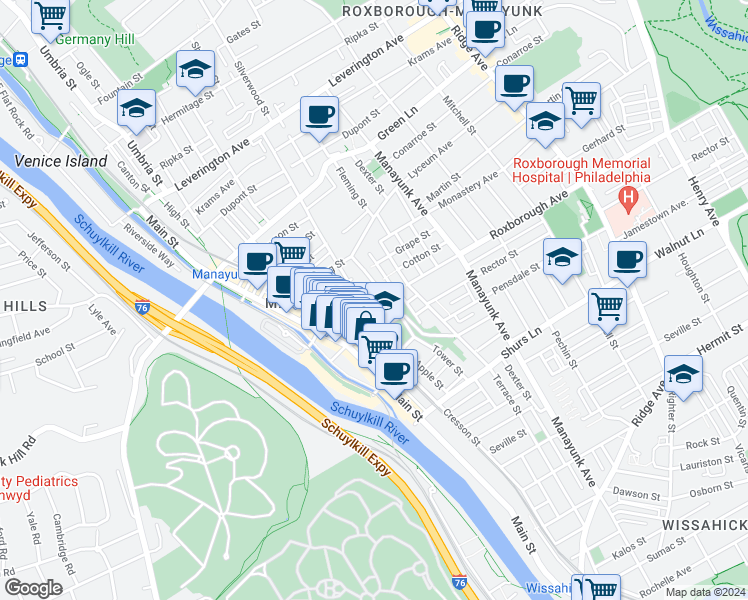 map of restaurants, bars, coffee shops, grocery stores, and more near 152 Roxborough Avenue in Philadelphia
