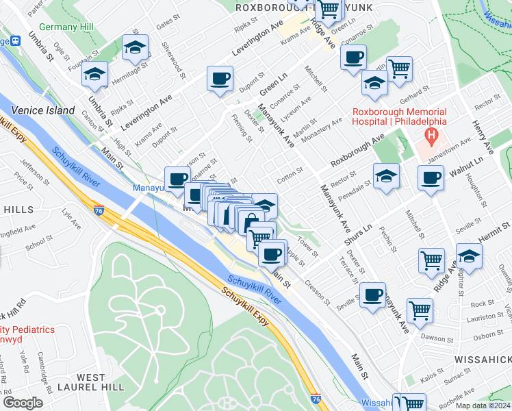 map of restaurants, bars, coffee shops, grocery stores, and more near 152 Roxborough Avenue in Philadelphia
