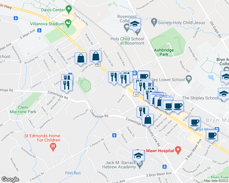 map of restaurants, bars, coffee shops, grocery stores, and more near 1062 East Lancaster Avenue in Bryn Mawr