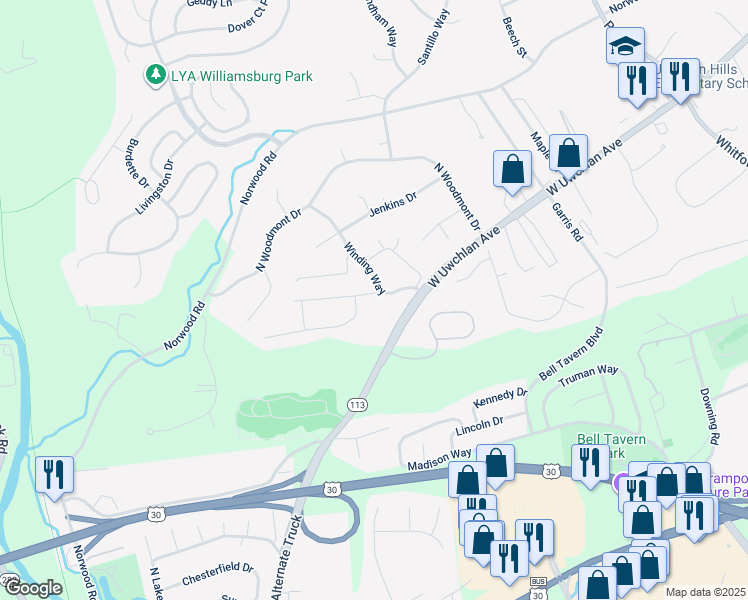 map of restaurants, bars, coffee shops, grocery stores, and more near 100 Campbell Circle in Downingtown