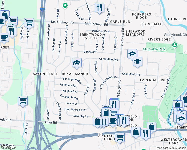map of restaurants, bars, coffee shops, grocery stores, and more near 284 Regents Road in Columbus
