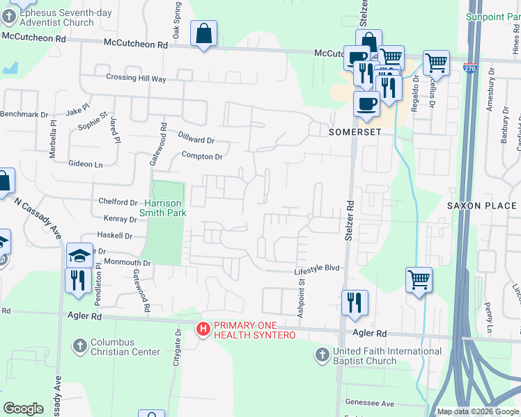 map of restaurants, bars, coffee shops, grocery stores, and more near 2506 Bridgestone Drive in Columbus