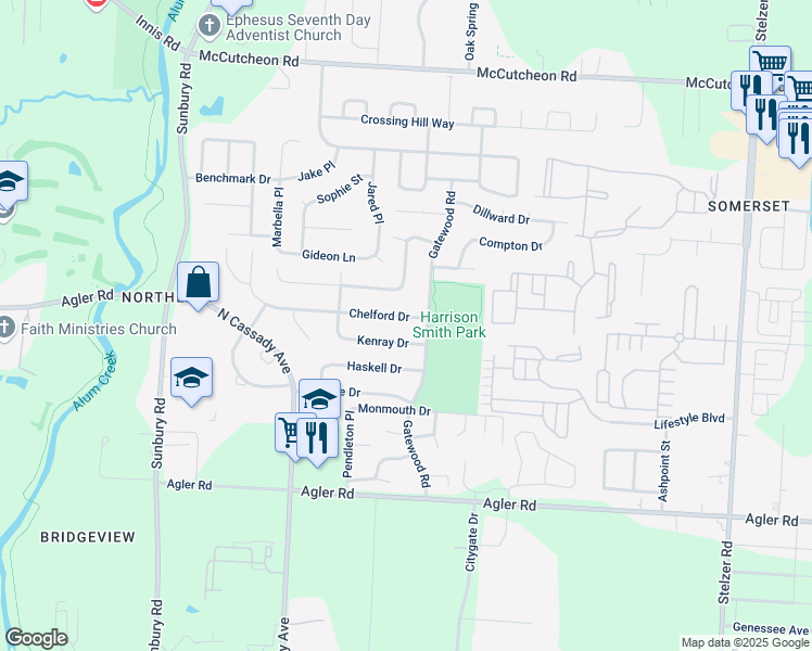 map of restaurants, bars, coffee shops, grocery stores, and more near 3233 Chelford Drive in Columbus