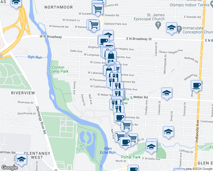 map of restaurants, bars, coffee shops, grocery stores, and more near 58 West California Avenue in Columbus