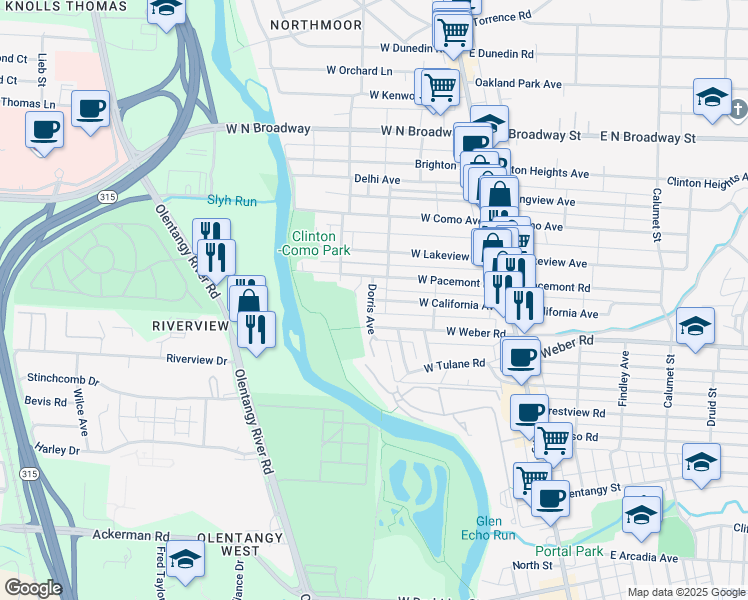 map of restaurants, bars, coffee shops, grocery stores, and more near 3159 Dorris Avenue in Columbus