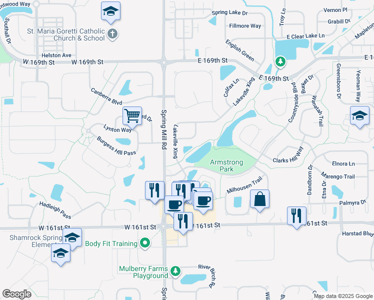 map of restaurants, bars, coffee shops, grocery stores, and more near 16441 Lakeville Crossing in Westfield